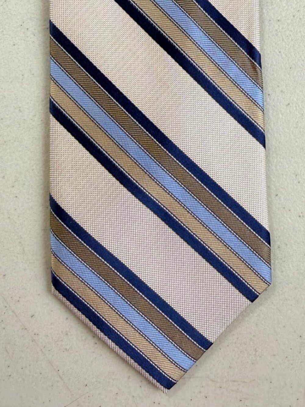 Vintage Striped Jacquard Silk Tie 90s Diagonal Stripes Mens Necktie Beige/Blue